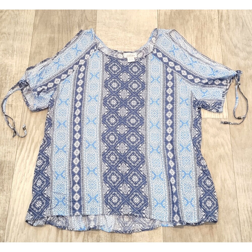 ARIAT Size XL Blue Boho Floral Short Sleeve Blouse Split Sleeves Tassels Cowgirl